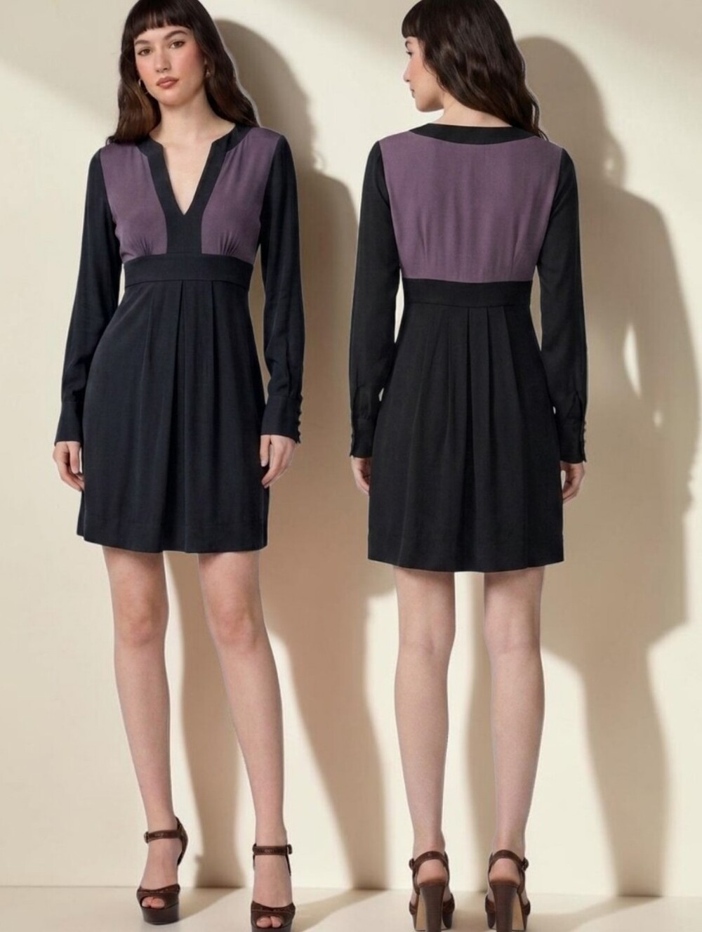 DIANE VON FURSTENBERG Silk Colorblock Long Sleeve Dress - Size 4